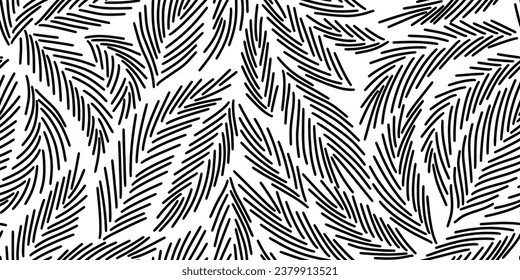 Black and white pattern with spruce needles. Winter linear botanical pattern. Line illustration with Christmas tree branches and leaves on white background. Pine needles texture