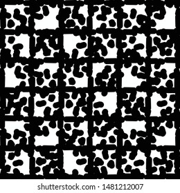 Black and white pattern with squares and scattered drops. Flecked checked background. Tile. Textile. Vector illustration.