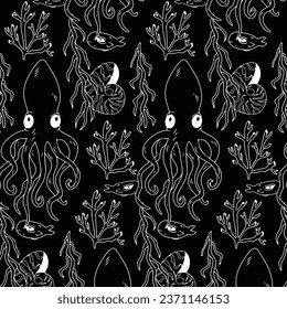 A black and white pattern of squids swimming among corals, suitable for fashion, wrapper, and wall-papers