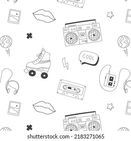 Black and white pattern in the style of the 80s and 90s, with elements and objects of the past.