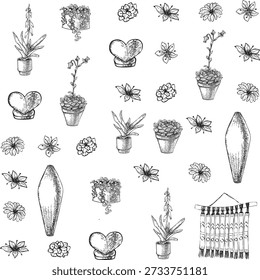 Un patrón blanco y negro con suculentas, jarrones, un colgante de pared, capullos de flores y un corazón. Las suculentas incluyen la floración de gasteria y echeveria, así como las suculentas que no florecen. El colgante de la pared es de estilo africano. El corazón tiene la forma de una estatuilla. Patrón sin fisuras sobre un fondo transparente