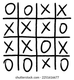 Black and white pattern with Tic-tac-toe game. Grid, zeroes, crosses, circles