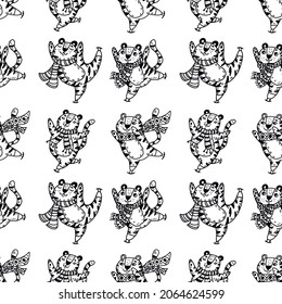 Black and white pattern with tigers in New Year's scarves and skating. New Year's pattern on a white background, hand-drawn style. New Year 2022