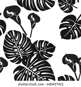Black and white pattern. Tropical flowers and leaves. Vector seamless texture.