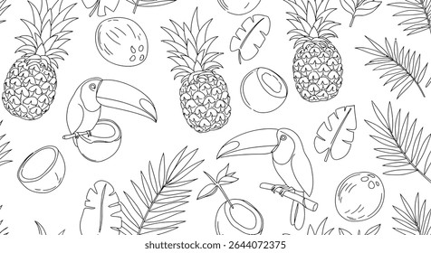 Padrão preto e branco de frutas tropicais, tucanos e folhas.