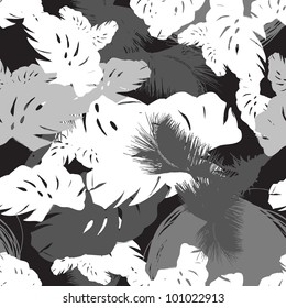 black and white pattern from tropical leaves and palms