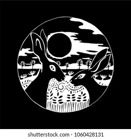 Black and white pattern with two rabbits in the foreground and a meadow, a sun and clouds in the background. Chalk on a blackboard