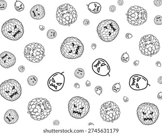 A black and white pattern of various fruits, including bumpy and smooth varieties, all depicted with angry or spooky monster faces, scattered across a white background in a cartoonish illustration style.