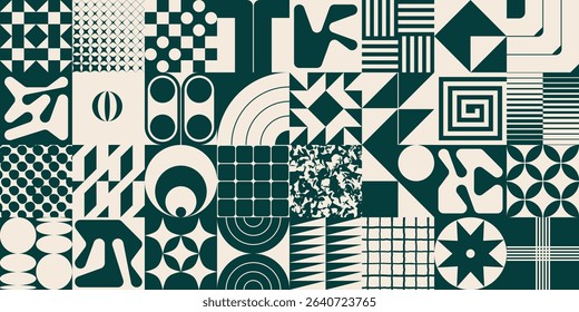 Black and white pattern with various shapes and designs