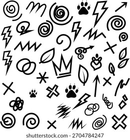 Patrón blanco y negro con varios símbolos e iconos Elementos de diseño