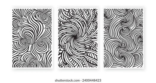Black and white pattern, vector. Optical illusion seamless pattern. Poster design in three pieces. Wall art design