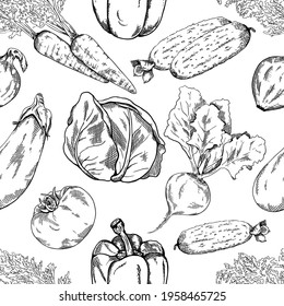 Black and white pattern of vegetables. Linocut vegetables. Pattern depicting beets, carrots, parsley, onions, tomatoes.