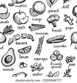 Black and white pattern with vegetables, nuts and greens. Vector graphic sketch seamless background with lettering