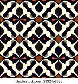 Black and white pattern with vibrant orange accents exhibits paisley like motifs. Intricately designed, this captivating pattern would suit phone cases or other intricate applications.