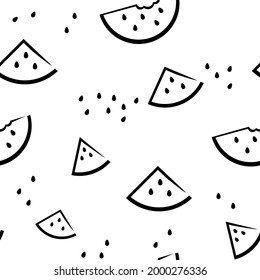 Black and white pattern with watermelon. Fruit Wallpaper with Chaotic watermelon. Vector seamless pattern in line style