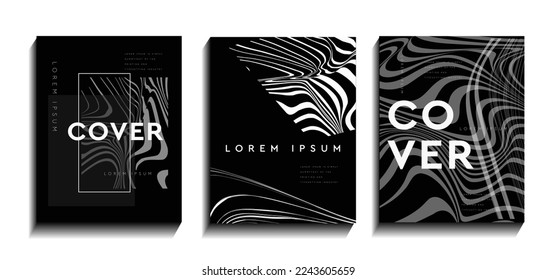 Black and white pattern with wavy curves. Night hypnotic retro music. Abstract psychedelic stripes. Abstract design of wavy line. Vector set for banners, posters, cards, covers.