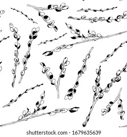 Black and white pattern of willow branches. Illustration of a vector with branches