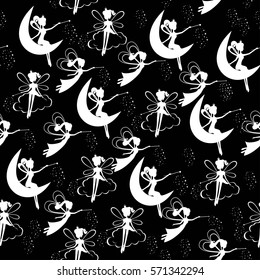 Black and white Pattern wit fairy.Seamless background  with silhouette fairy for kid. Children's background for girls with white fairy. 