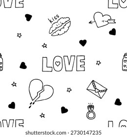 Patrón blanco y negro con la palabra amor, anillo, estrellas, corazón, carta de amor, flecha para el día de San Valentín. Vector.