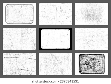 Black and white pattern. Worn paper effect backdrop. Realistic texture overlay. Overlay texture stamps with torn. Old paper. Frame design element. Vector illustration.	
