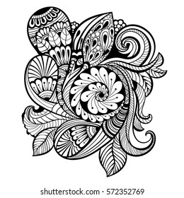 black and white pattern in a zentangle style, Hand-drawn design illustration