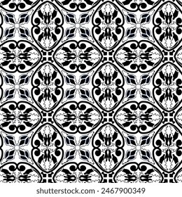 Un diseño estampado en blanco y negro con mucho detalle. Fondo inconsútil para el diseño de la superficie