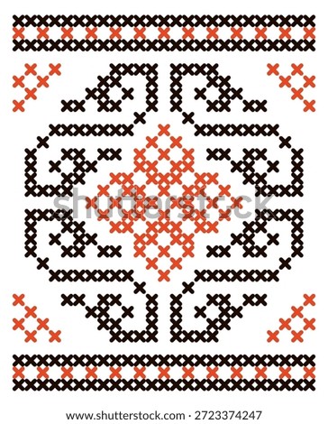 A black and white patterned design with red and orange accents