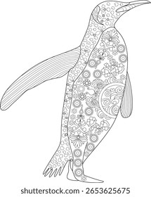 Black and white patterned penguin illustration, an intricate line art design for coloring, creativity, and relaxation.