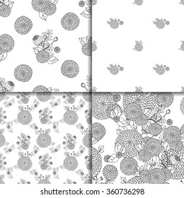 Black And White Patterns Flowers Set. Four Floral Seamless Outline Monochrome Ornaments. Asters Sketchy Background. 