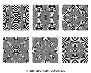 black and white patterns, op art seamless textures; vector art illustration