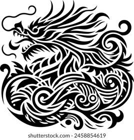 black and white patterns that form an elegant dragon