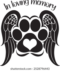 Un estampado de patas en blanco y negro con alas de ángel y un corazón en el centro, que simboliza el amor eterno y el recuerdo de una mascota amada. Perfecto para un diseño de camiseta blanca.