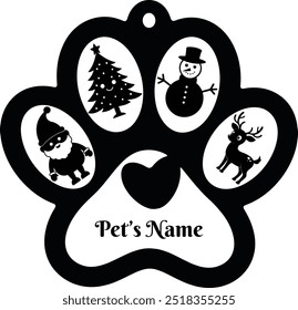 A black and white paw print ornament with four icons inside: a Christmas tree, a snowman, Santa Claus, and a reindeer. The paw print has a heart shape in the centre and a space for a pet's name.