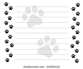 Black and white paw prints border / frame on a dotted line background 