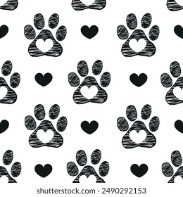 Black and white paw prints with hearts. Seamless fabric design pattern