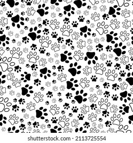 Black and white paw prints seamless fabric textile design pattern