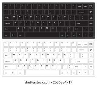 Black and White PC keyboard 75% layout isolated on white background, vector illustration