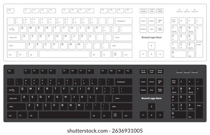 Black and White PC keyboard layout isolated on white background, vector illustration