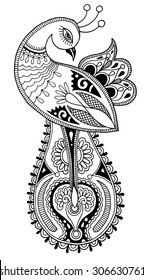 black and white peacock decorative ethnic drawing, vector illustration