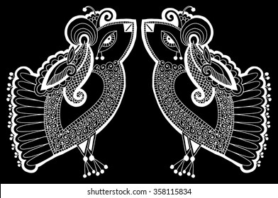 black and white peacock decorative ethnic drawing, vector illustration