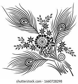 Black and white peacock feather design with flowers