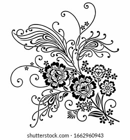 Black and white peacock feather design with flowers