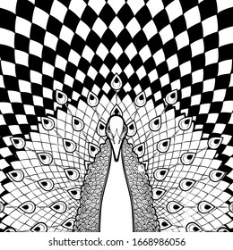 Black white peacock with flowing tail on geometric background, coloring, bird, banner template, covers, posters, monochrome cartoon drawing, stylized abstract graphic picture. Vector illustration