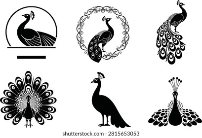 Black and white of peacock silhouettes in various ornamental poses bird ornamental decorative pattern