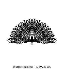 Black and white peacock with spread tail feathers bird eyespots