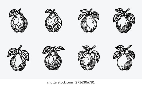 Projeto padrão de fruta de pera preto e branco com folhas ilustração