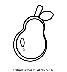 A black and white pear sketch with bold outline, perfect for coloring, simple designs, or minimalist illustrations suitable for various visual purposes