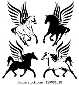 black and white pegasus design - winged horses vector set