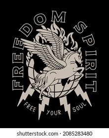 Black and White Pegasus on Burning Globe with Freedom Spirit Slogan Artwork on Black Background for Apparel and Other Uses	