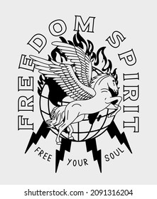 Black and White Pegasus on Burning Globe with Freedom Spirit Slogan Artwork on White Background for Apparel and Other Uses